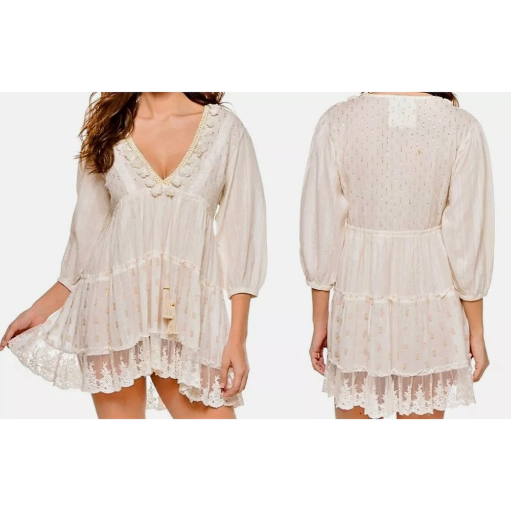 Z&L EUROPE Tassels Lace Trim Tiered Airy-Cotton Mini Dress in Ivory-Gold sz L